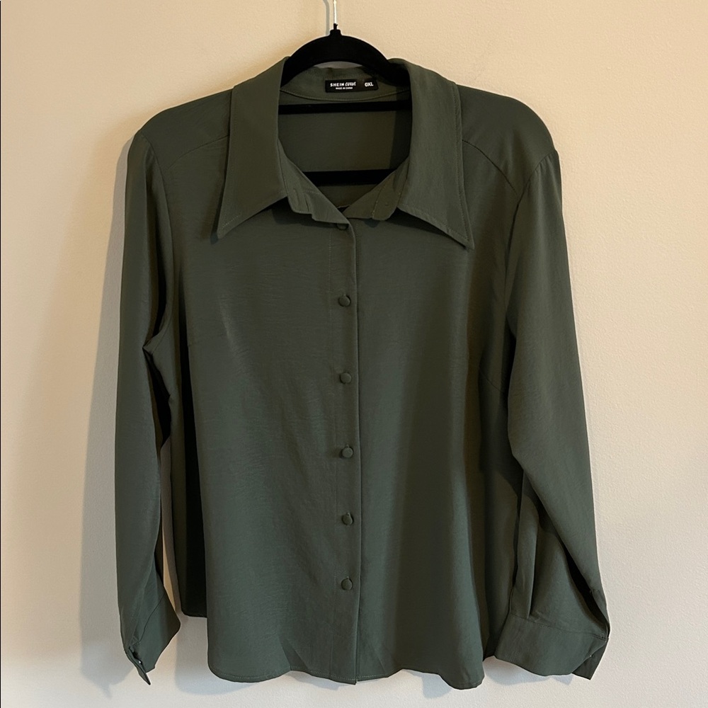 Stylish Olive Button-Up Shirt - 0X 12